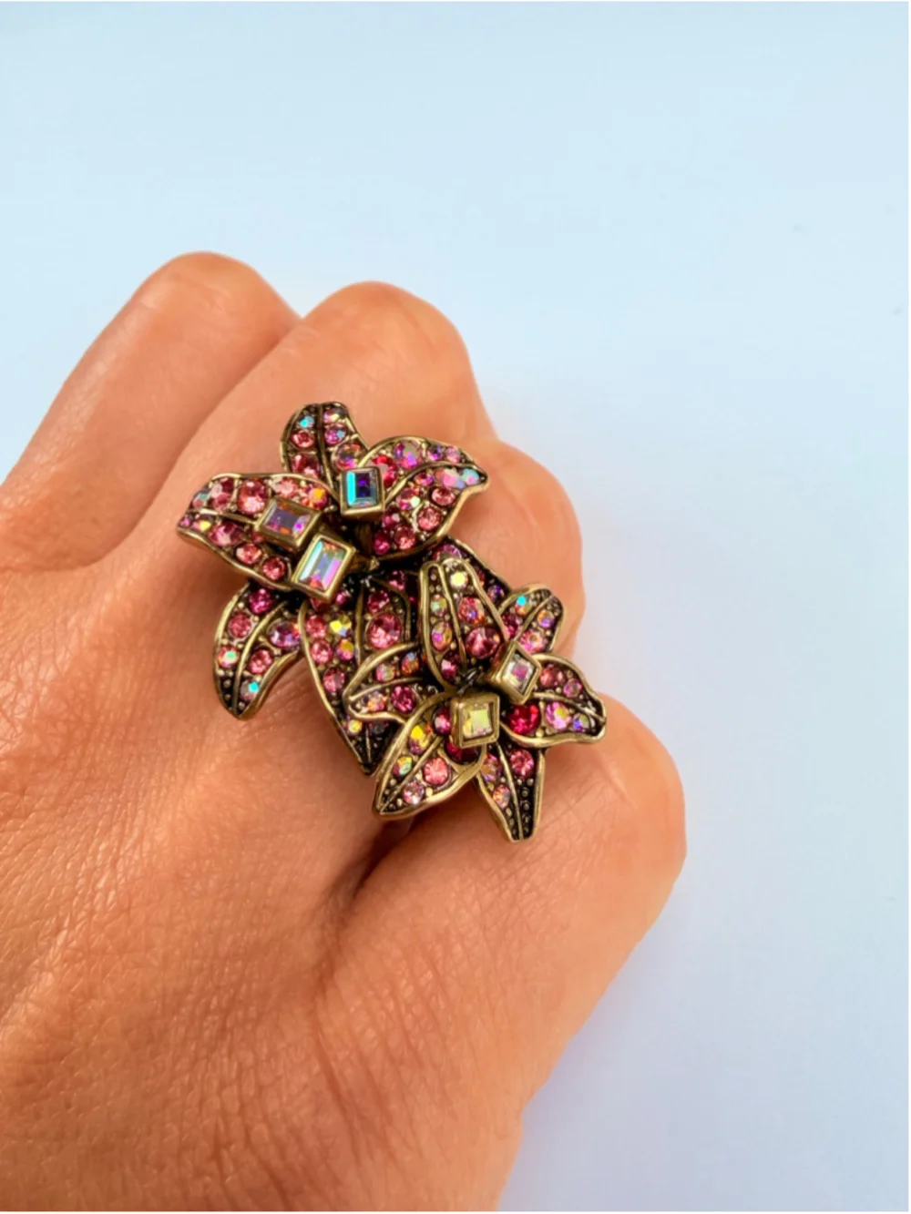 Heidi Daus Foral Rose Swarovski Crystal Aurora Borealis Statement Gold Ring NWT